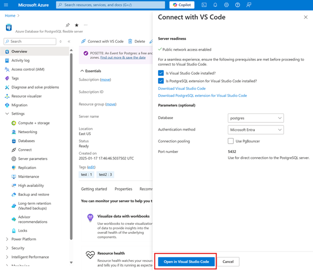 Screenshot of Azure portal showing an Azure Database for PostgreSQL instance with the Connect with VS Code panel. The open in Visual Studio Code button is highlighted.