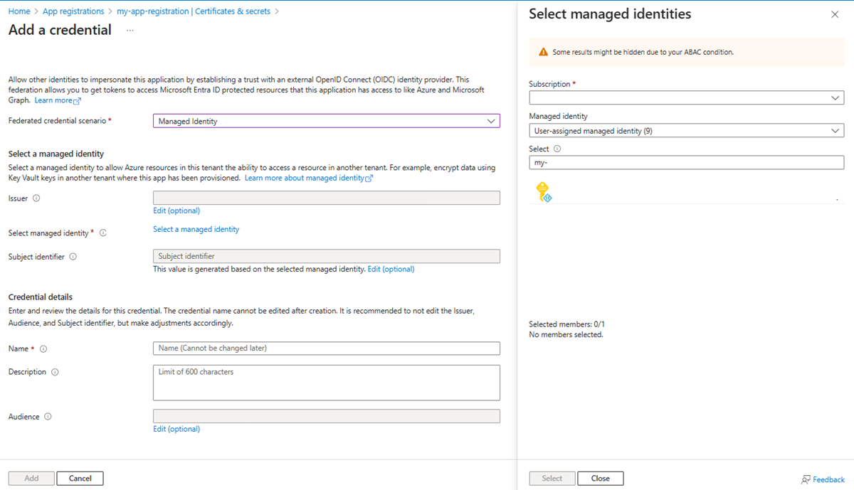 Screen shot showing how to select a managed identity.