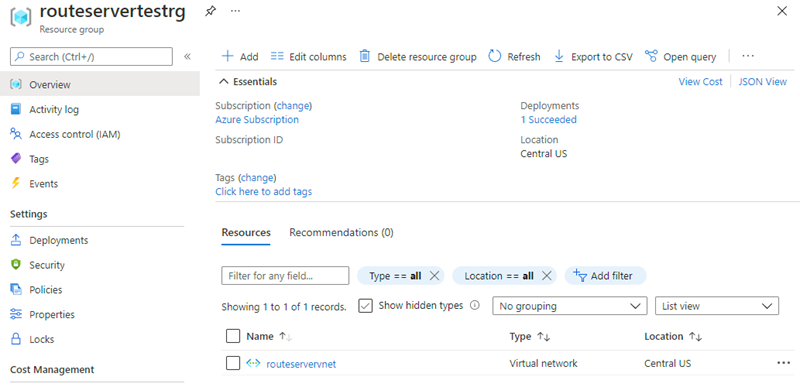 Screenshot showing Route Server deployment resource group with virtual network and related resources.