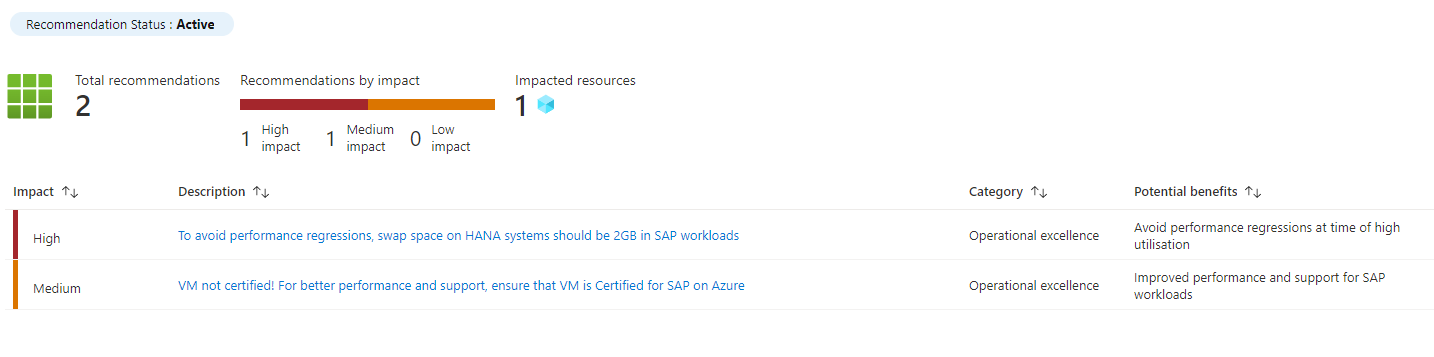 Screenshot of detailed advisor recommendations for an instance and which actions to take to resolve each issue.