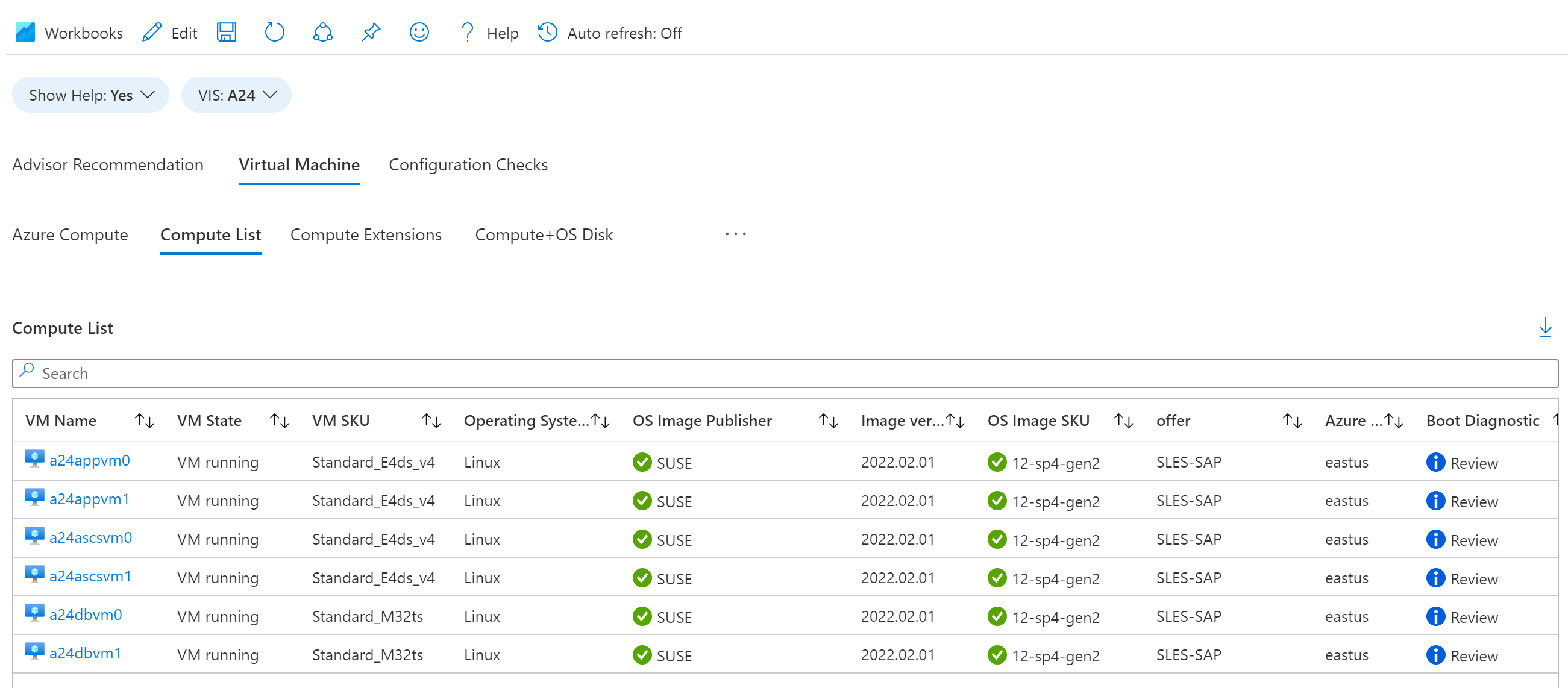 Screenshot of Compute List tab, showing a table of details about the virtual machines inside of a virtual Instance for SAP solutions.