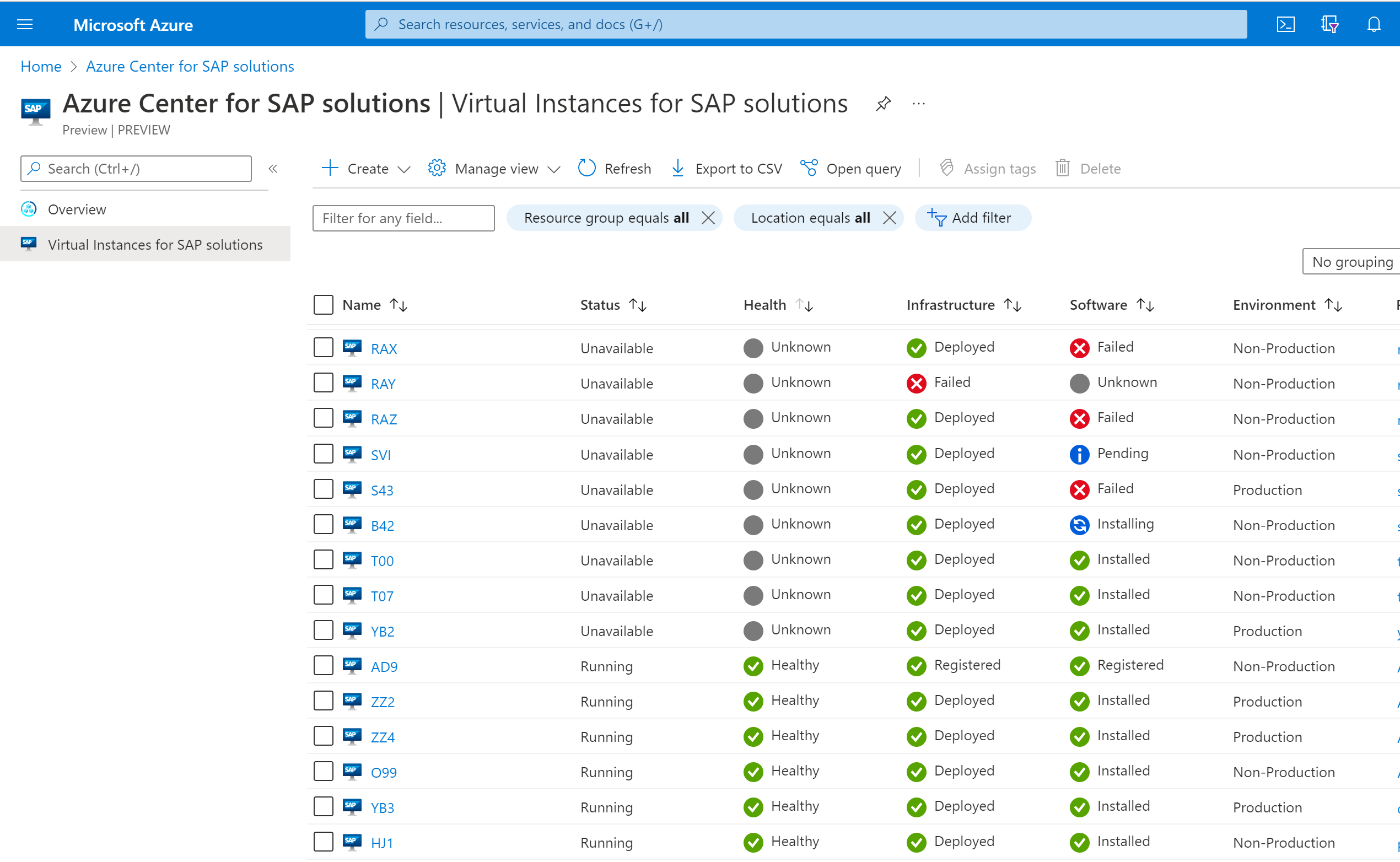 Screenshot of the Azure Center for SAP solutions service in the Azure portal, showing a page of all VIS resources with their health and status information.
