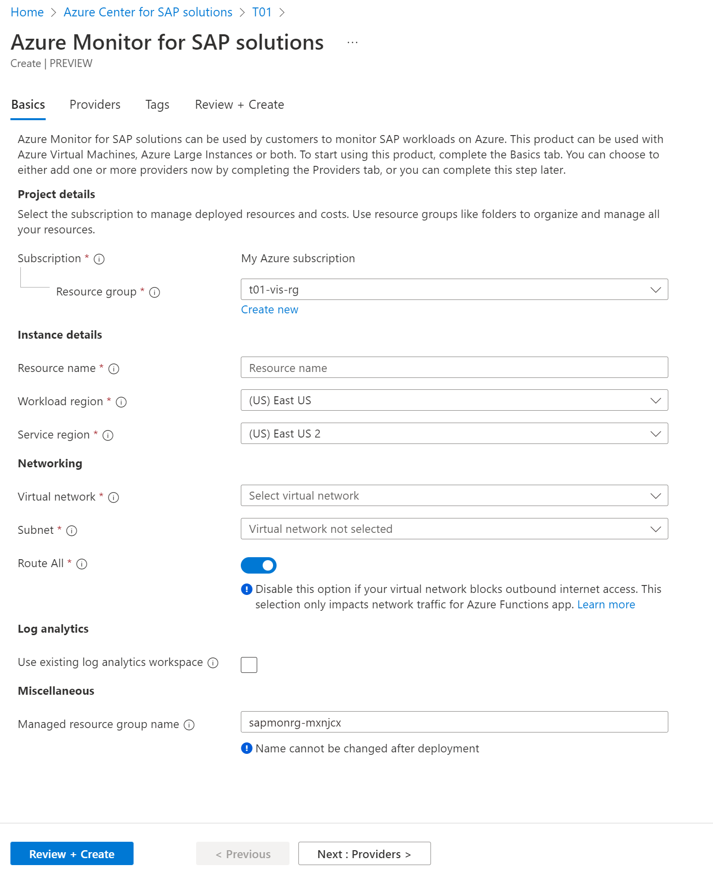 Screenshot of Azure Monitor for SAP solutions creation page, showing the Basics tab and required fields.