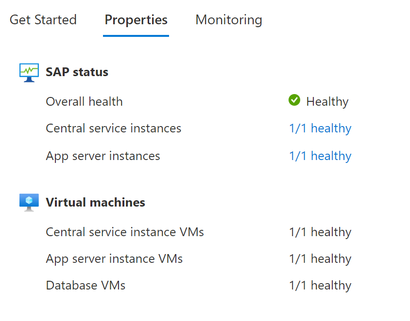 Screenshot of the Properties tab for the VIS resource overview, showing the SAP status and Virtual machines details.