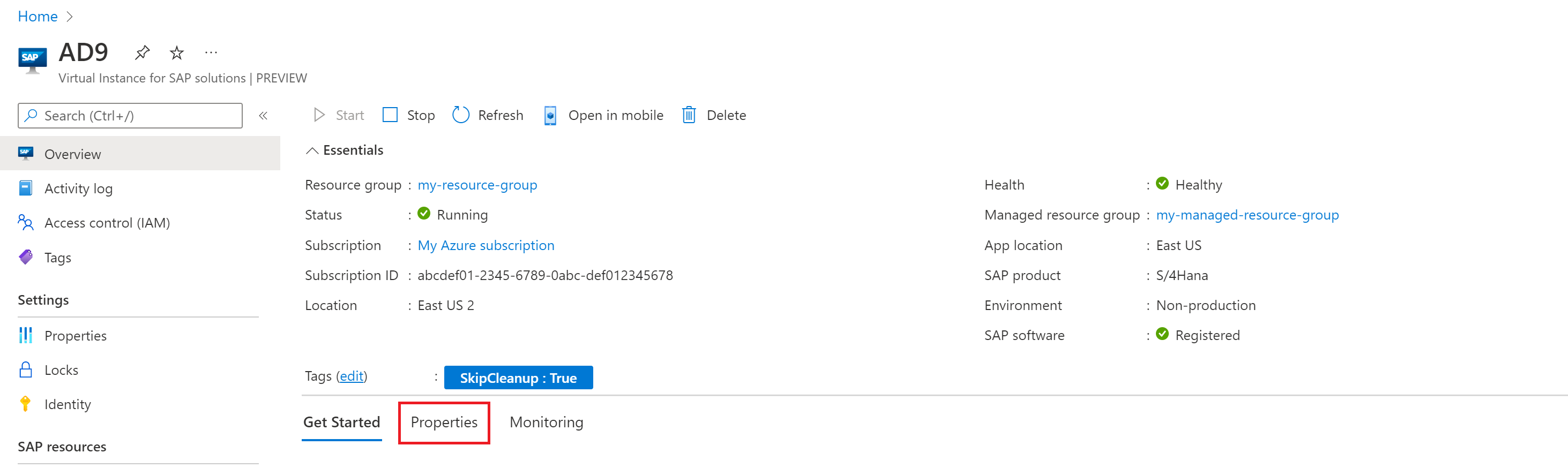 Screenshot of the VIS resource overview in the Azure portal, showing health and status information and the Properties tab highlighted.
