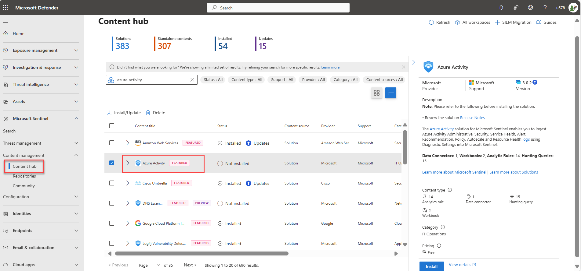 Screenshot of the content hub in the Defender portal with the solution for Azure Activity selected.
