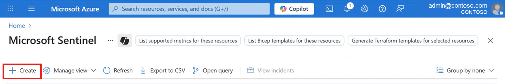 Screenshot of selecting Create to start creating a new Log Analytics workspace.