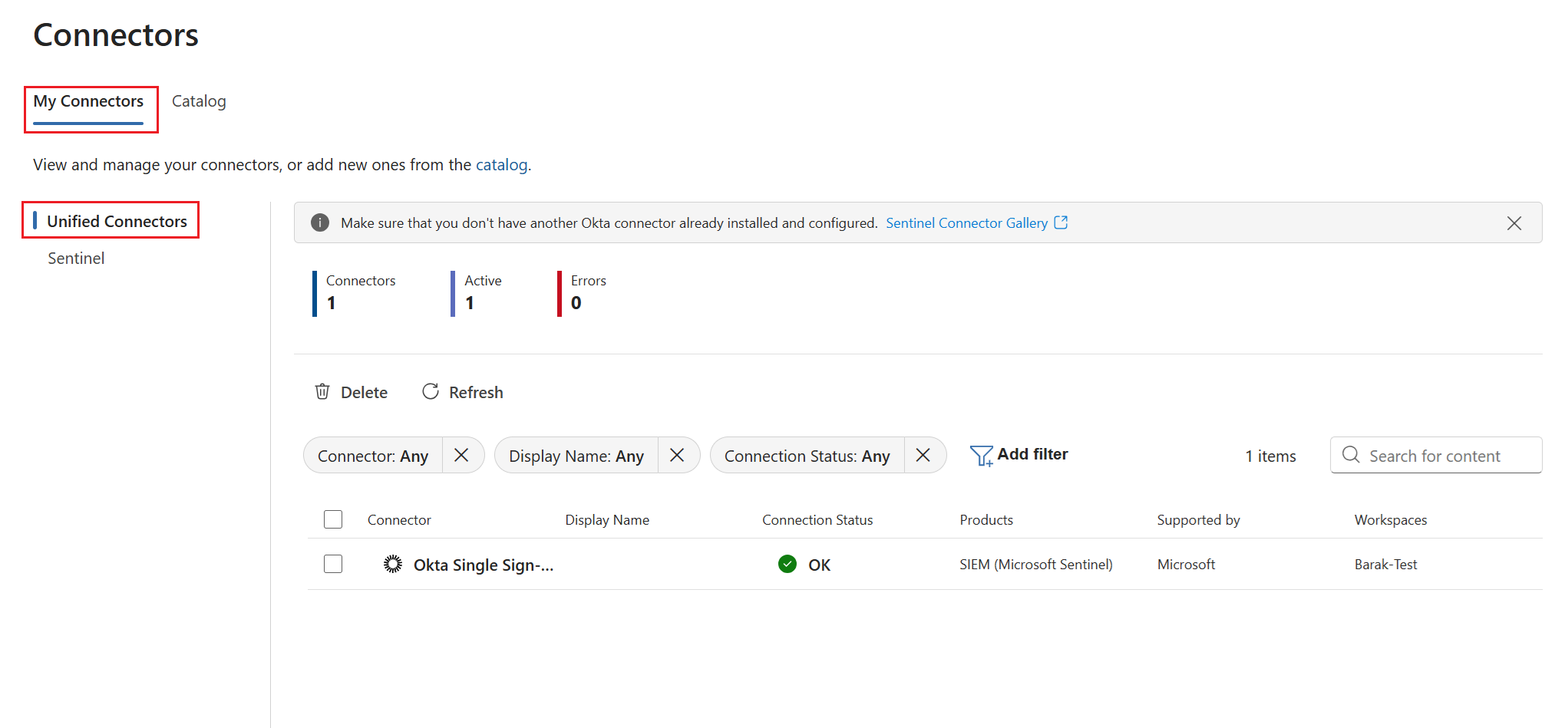 Screenshot of unified connectors list in the My connectors tab.