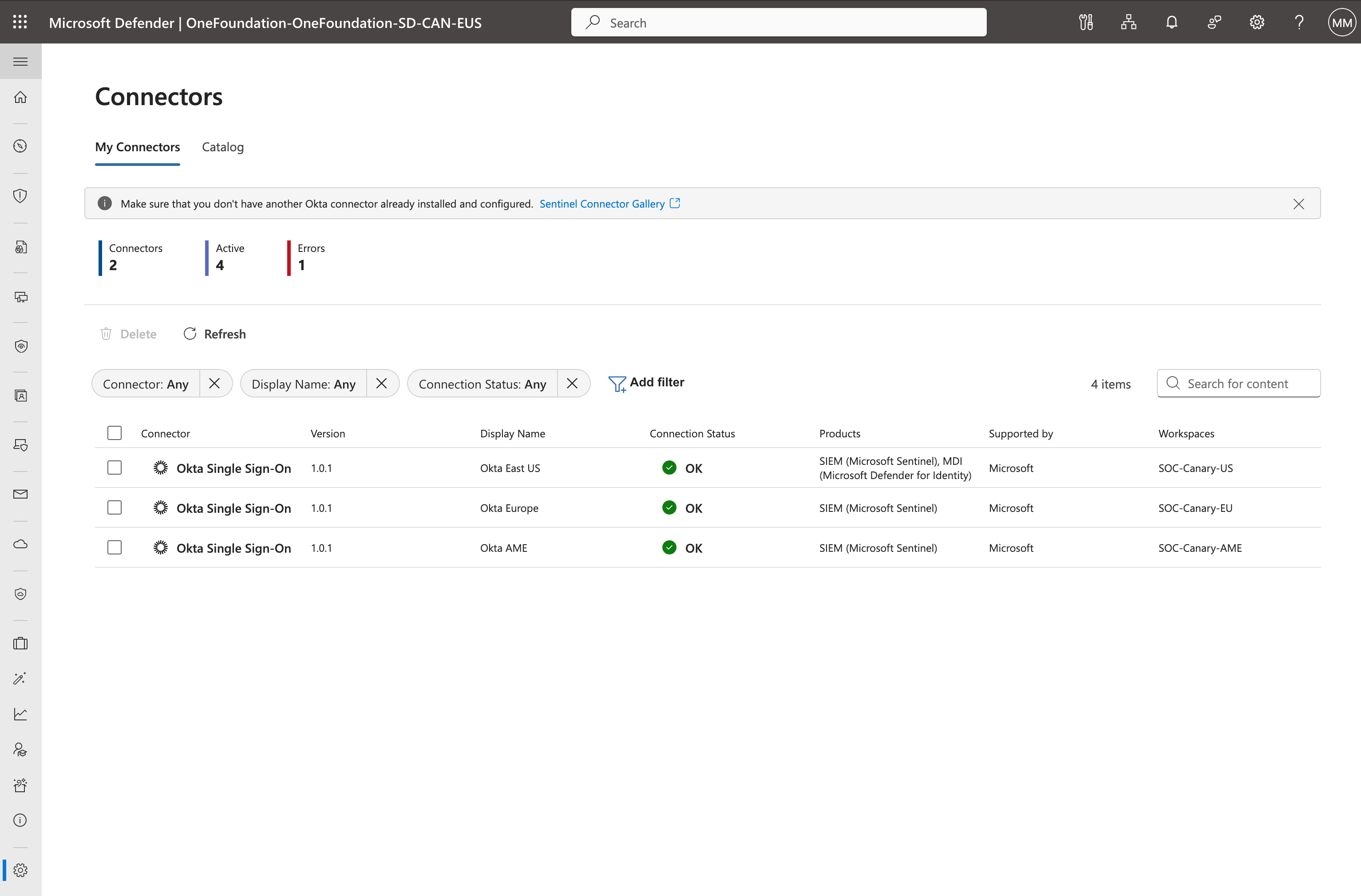 Screenshot of Okta connector in the Connectors Gallery.