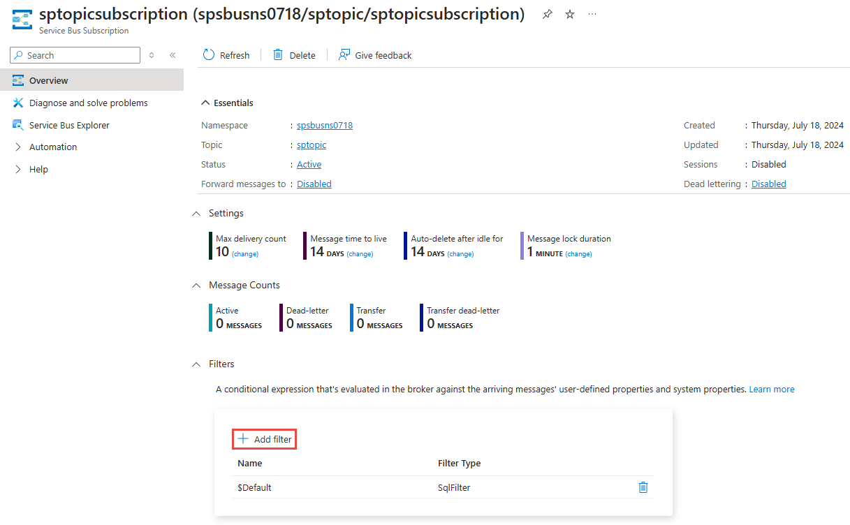 Screenshot that shows the Service Bus Subscription page with the Filters section highlighted.