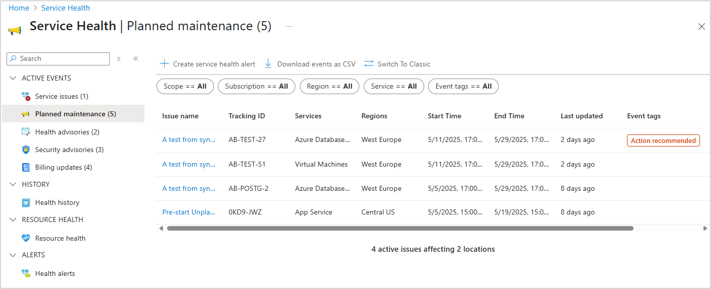 Screenshot of planned maintenance impacted resources in Azure Service Health.
