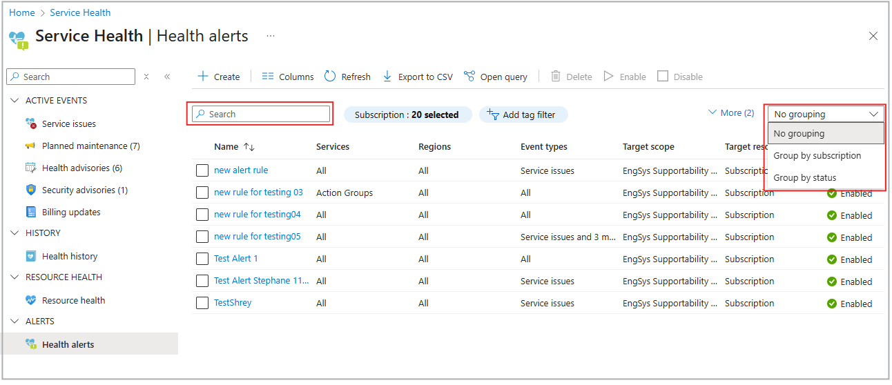 Screenshot that shows Health alerts filters.