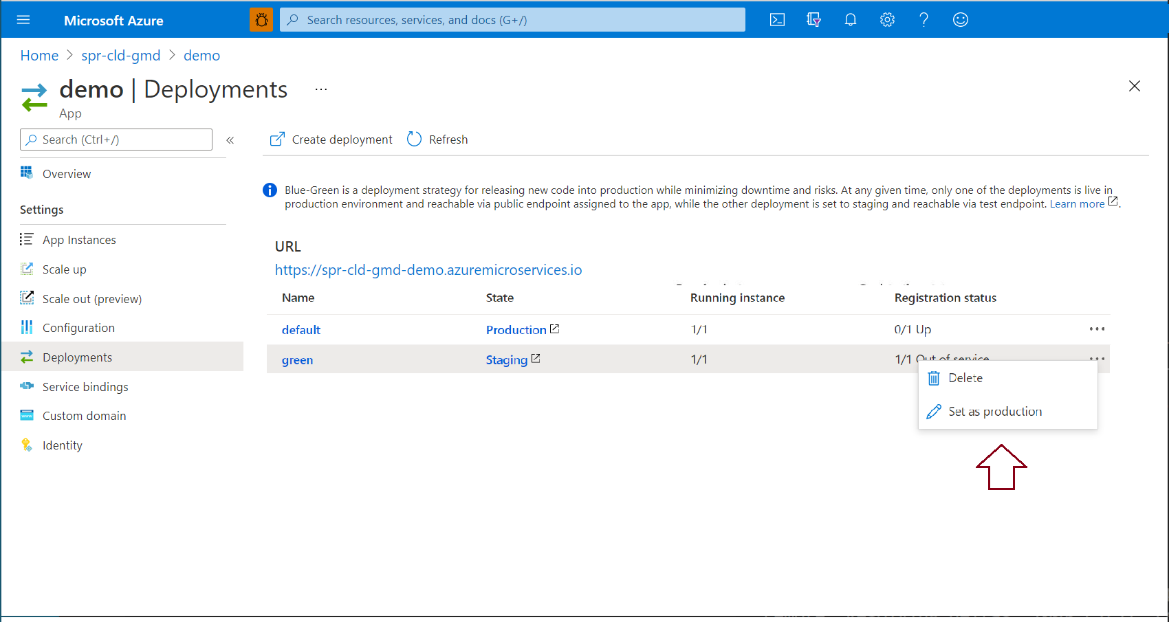 Screenshot that shows selections for setting the staging build to production.