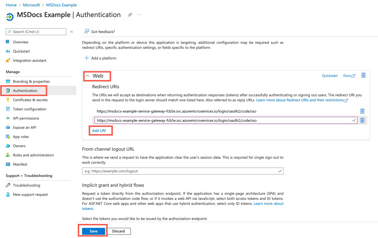 Screenshot of adding a redirect URI to the authentication screen.