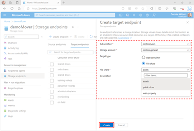 Screenshot of the Create Endpoint pane showing the ___location of the required fields and Create button.