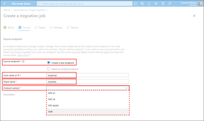 Screen capture of the Source tab illustrating the ___location of the New Source Endpoint fields.
