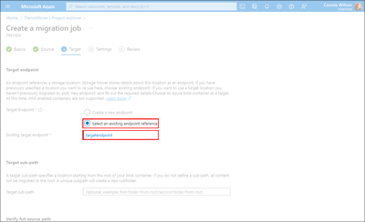 Screen capture of the Target tab illustrating the ___location of the Existing Target Endpoint field.
