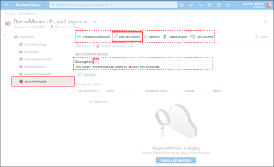 Image of the Project Explorer's Project properties tab within the Azure portal. It illustrates the ___location of the edit controls.