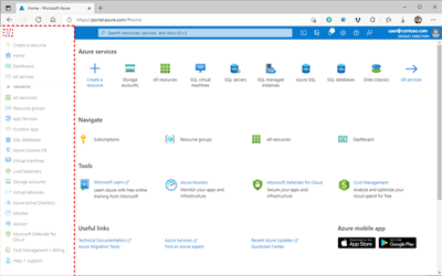 Screenshot of the Azure portal homepage showing the ___location of the Menu button in the browser.