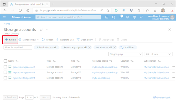 Image showing the ___location of the create button within the Azure portal Storage Accounts page.
