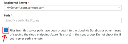 An Azure portal section of the create server endpoint wizard is shown. A checkbox is highlighted that corresponds to the scenario of seeding the Azure file share with data. Check this box if you connect AFS to the same on-prem ___location from where you copied onto Data Box before.