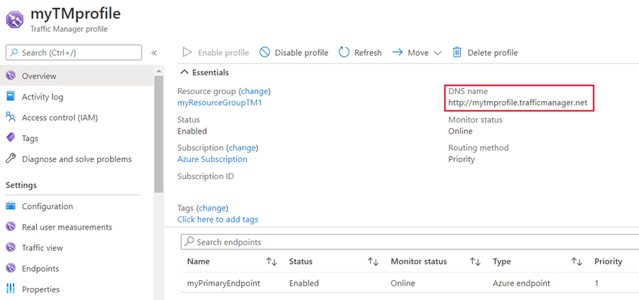 Screenshot of the ___location of your Traffic Manager DNS name.