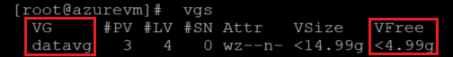Screenshot showing the code that checks for space on the VG with the command and the result highlighted.