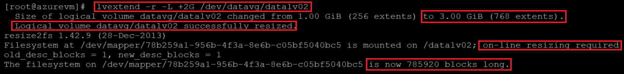 Screenshot showing the code that increases the size of the logical volume with the command and results highlighted.
