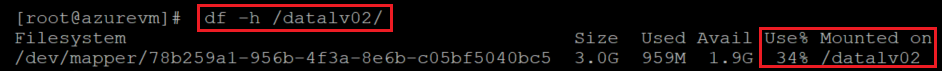 Screenshot showing the code that verifies the size of the LV and the file system with the command and result highlighted.