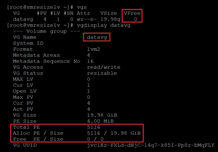 Screenshot showing the code that checks information about the volume group with the results highlighted.