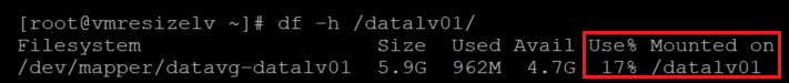 Screenshot showing the code that verifies the new size of the file system with the result highlighted.