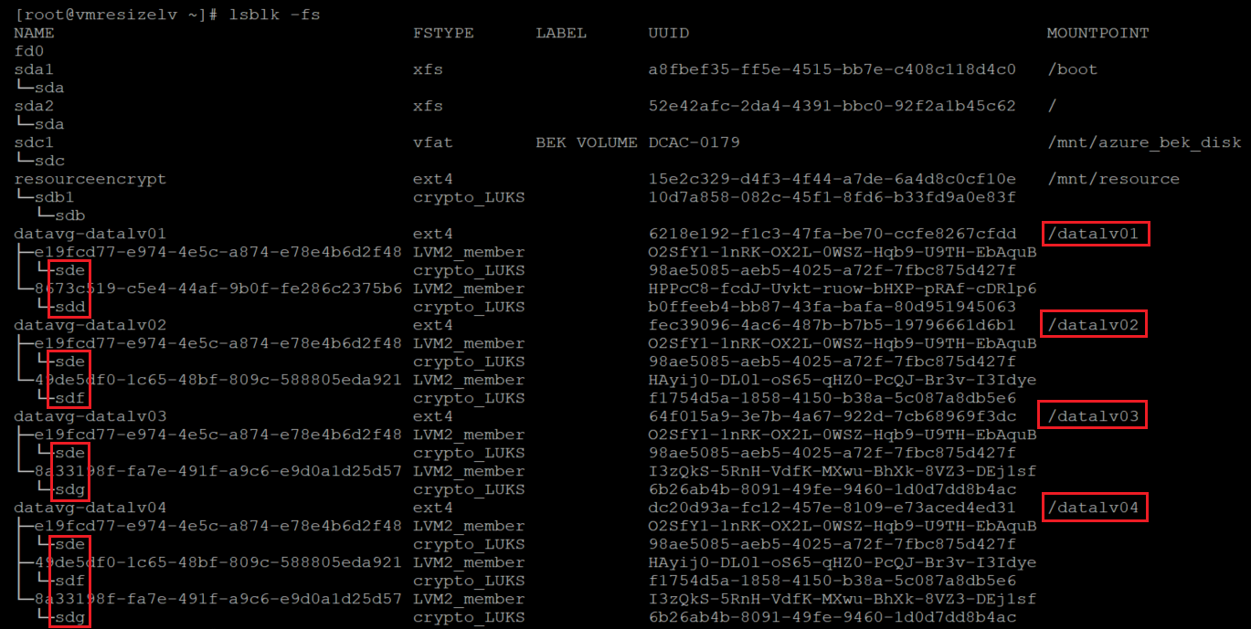 Screenshot showing alternative code that verifies that the LVM layer is on top of the encrypted layer with the result highlighted.
