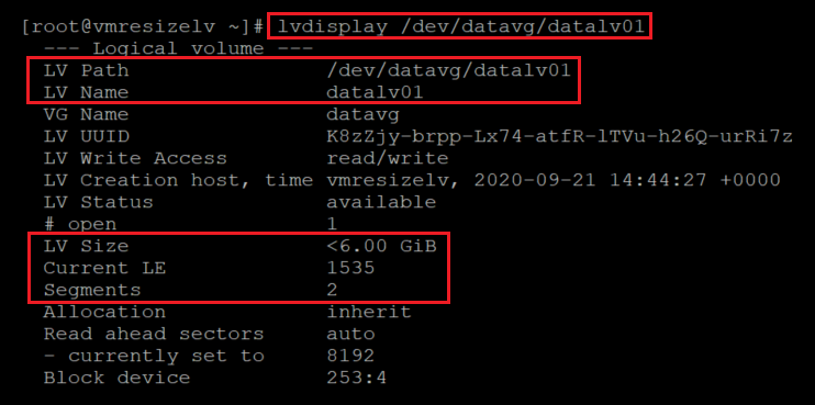 Screenshot showing the code that verifies the new size of the local volume with the results highlighted.