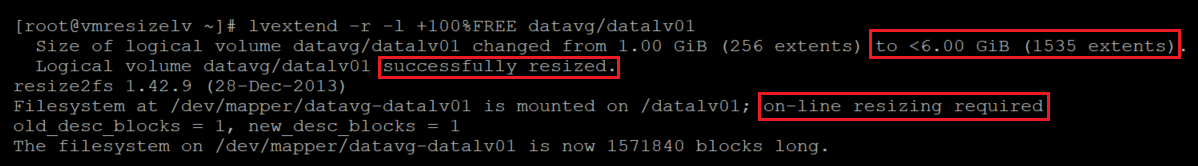 Screenshot showing the code that increases the size of the local volume and the file system with the results highlighted.
