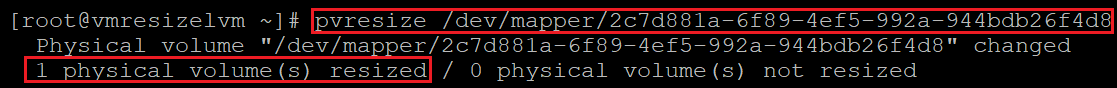 Screenshot showing the code that resizes the physical volume with the results highlighted.