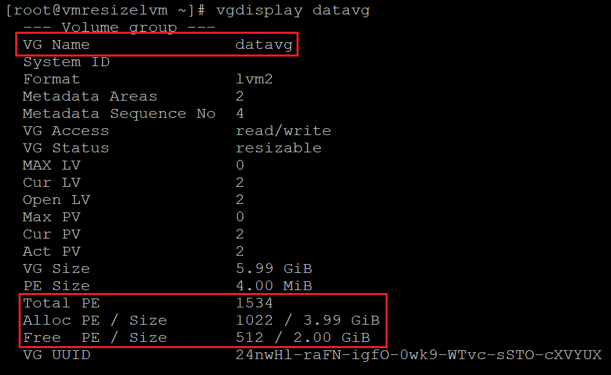 Screenshot showing the code that checks information for the volume group with the results highlighted.