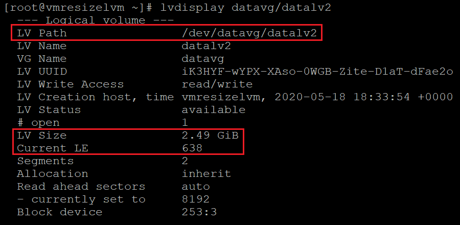 Screenshot showing the code that checks information for the local volume with the results highlighted.