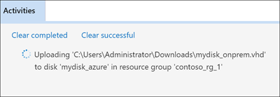 Screenshot of Azure Storage Explorer highlighting the ___location of the Activities pane containing upload status messages.