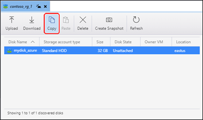 Screenshot of Azure Storage Explorer highlighting the ___location of the Copy button.