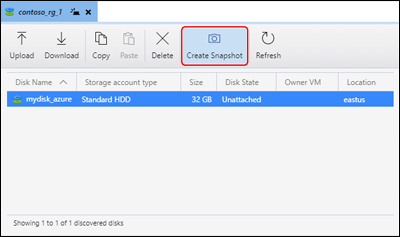Screenshot of Azure Storage Explorer highlighting the ___location of the Create Snapshot button.