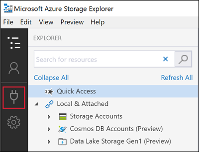 Screenshot of Azure Storage Explorer showing the ___location of the Connect icon.