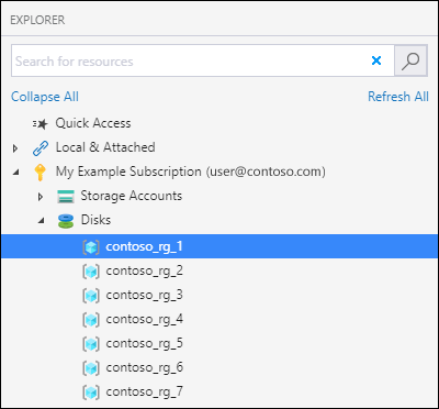Screenshot of Azure Storage Explorer highlighting the ___location of the Disks node for uploading a disk.