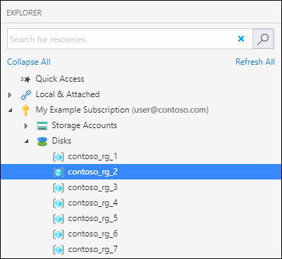 Screenshot of Azure Storage Explorer highlighting the ___location of the Disks node for  pasting a disk.