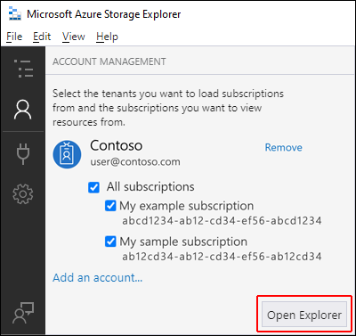 Screenshot of Azure Storage Explorer highlighting the ___location of the Open Explorer button.