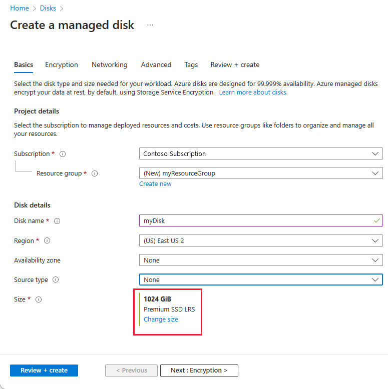 Screenshot of the managed disk page.