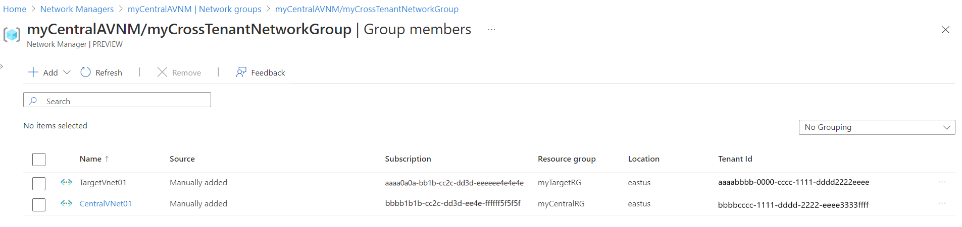 Screenshot of network group membership in Azure Virtual Network Manager.