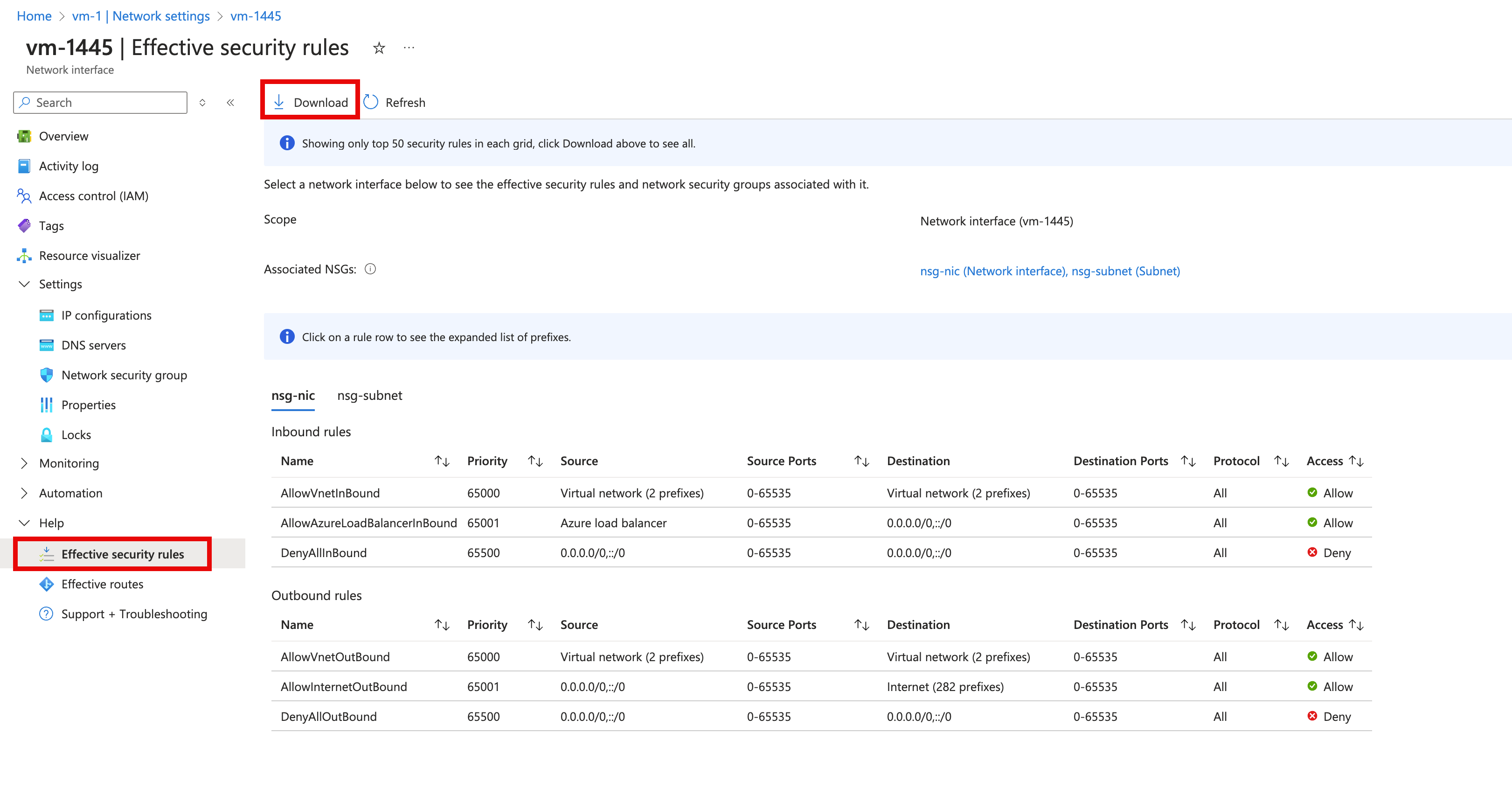 Screenshot of effective security rules for network interface vm-1445.