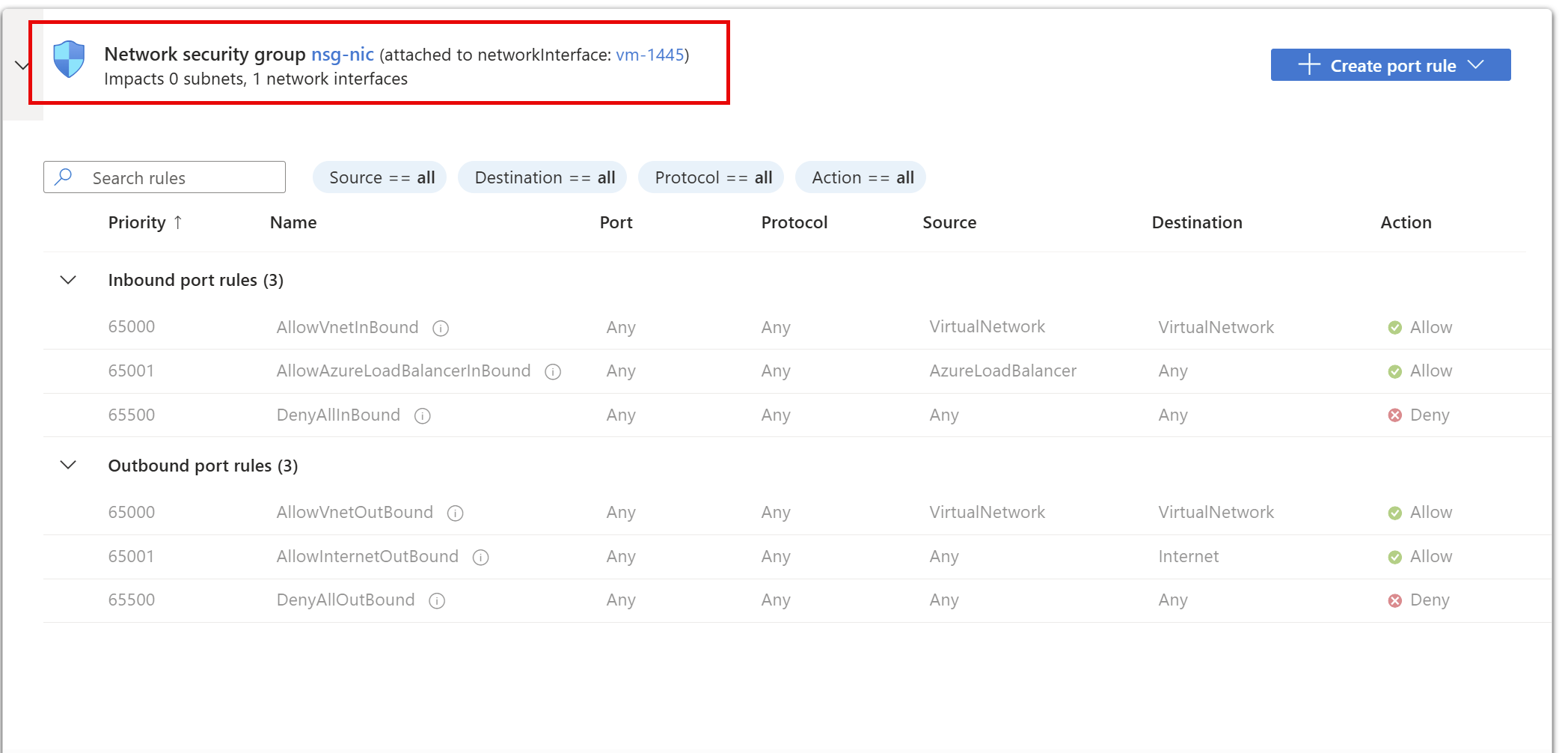 Screenshot of security rules for NSG nsg-nic.