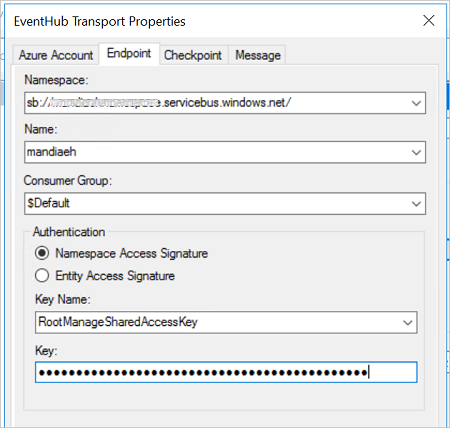 Sample namespace, name, consumer group, and authentication properties in the Event Hub adapter receive ___location endpoint properties in BizTalk Server
