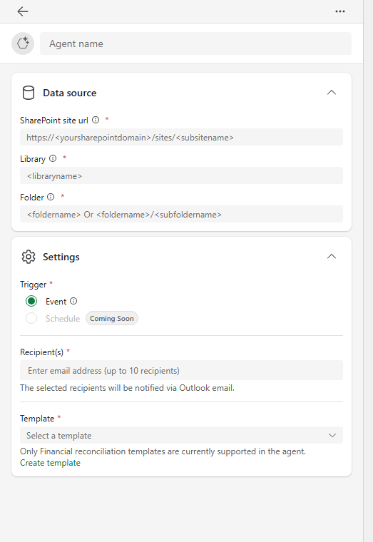 Screenshot of agent setup form.